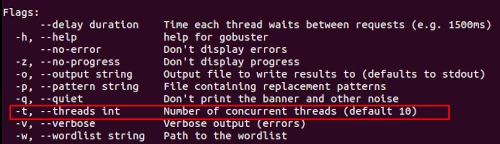 screenshot of Gobuster's Global flags highlighting -t Threads
